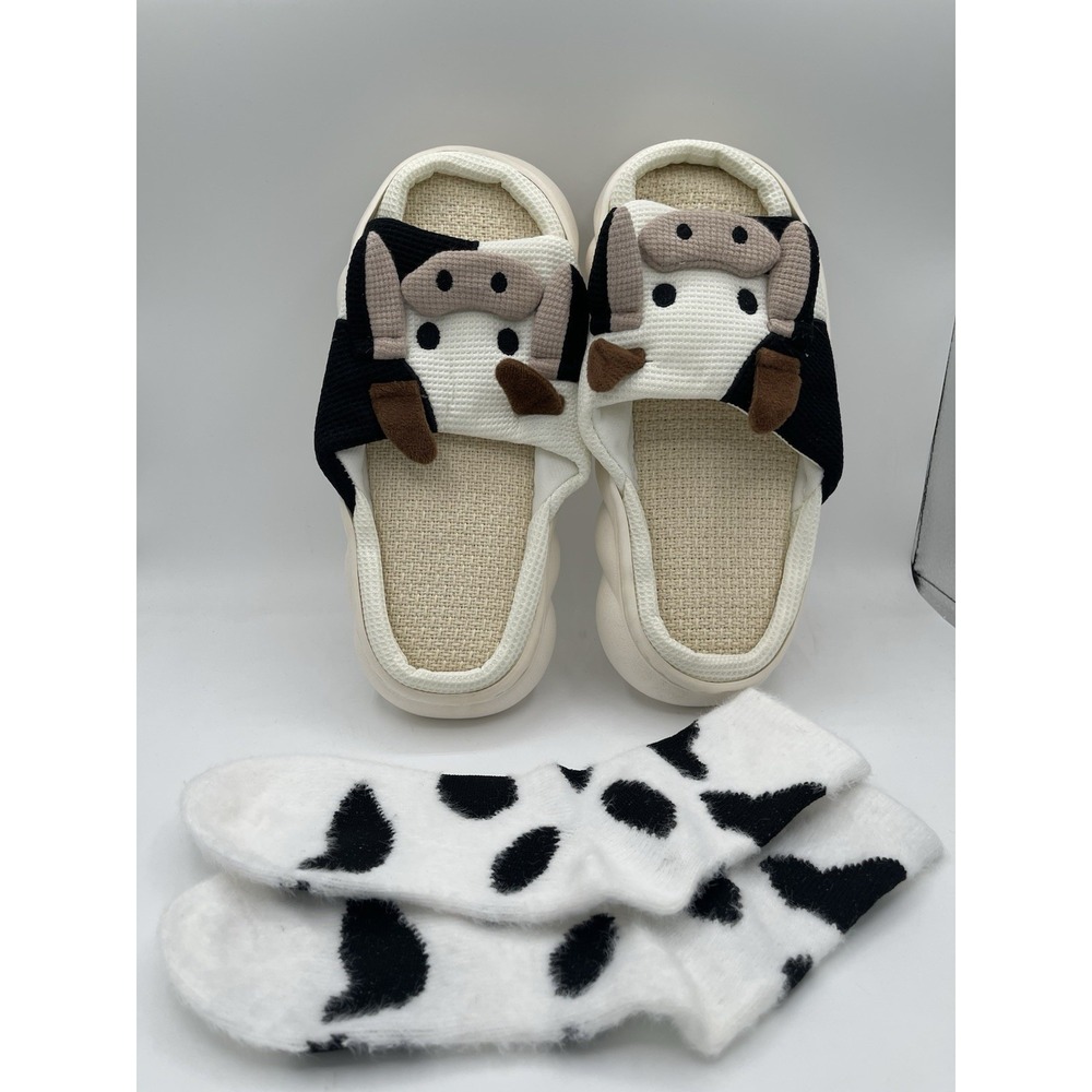 Adorable Cow Design Lounge Slippers With A Cute Pair Of Socks